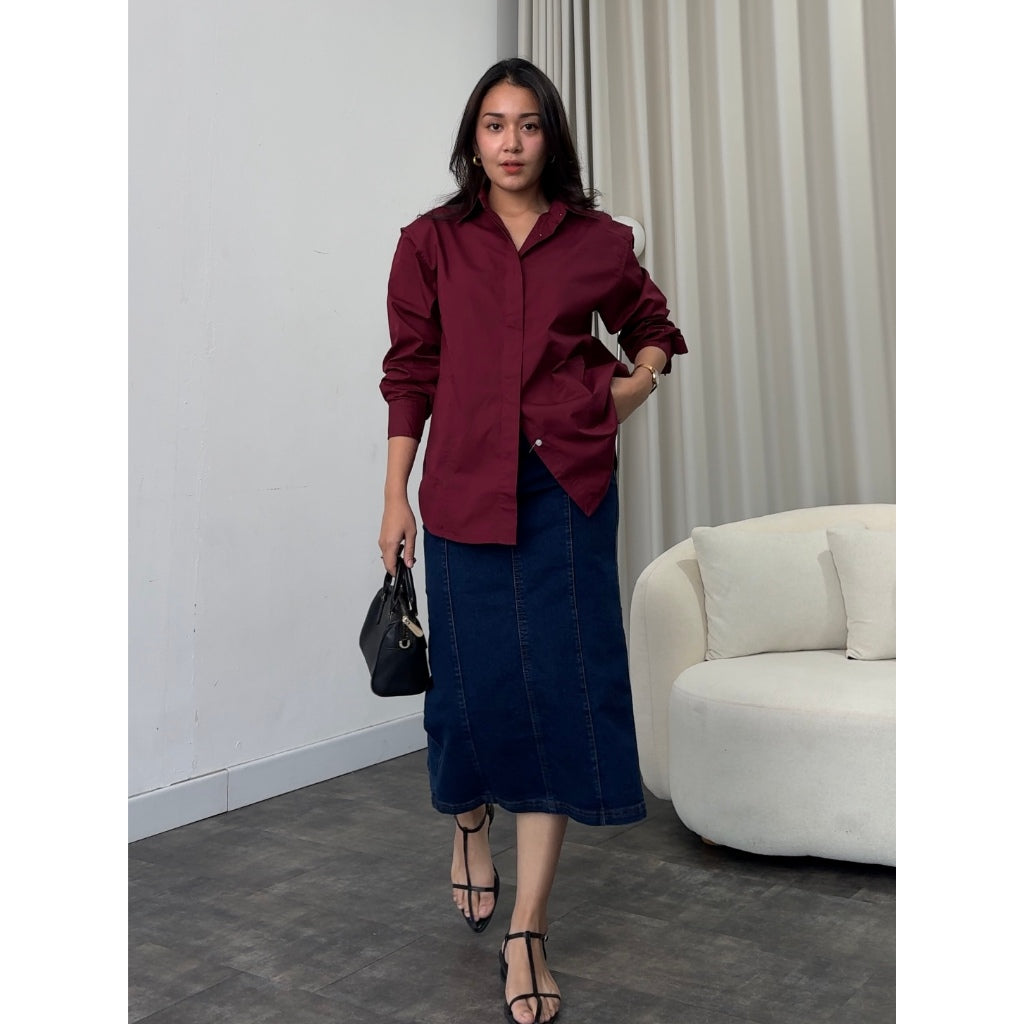 Stovia Crease Side Oversized Shirt - Burgundy