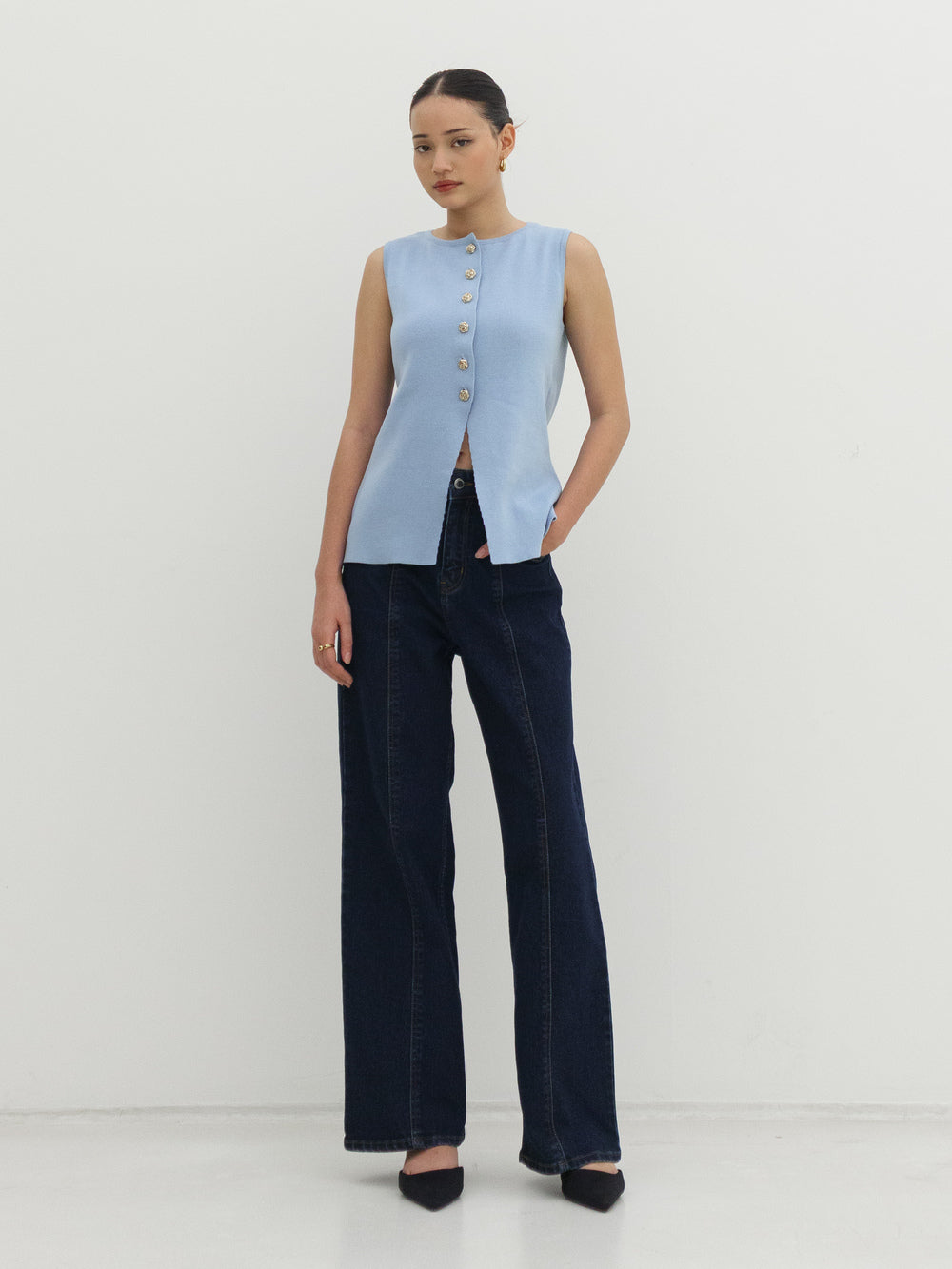 Anastasia Knit Waist Coat Top - Baby Blue