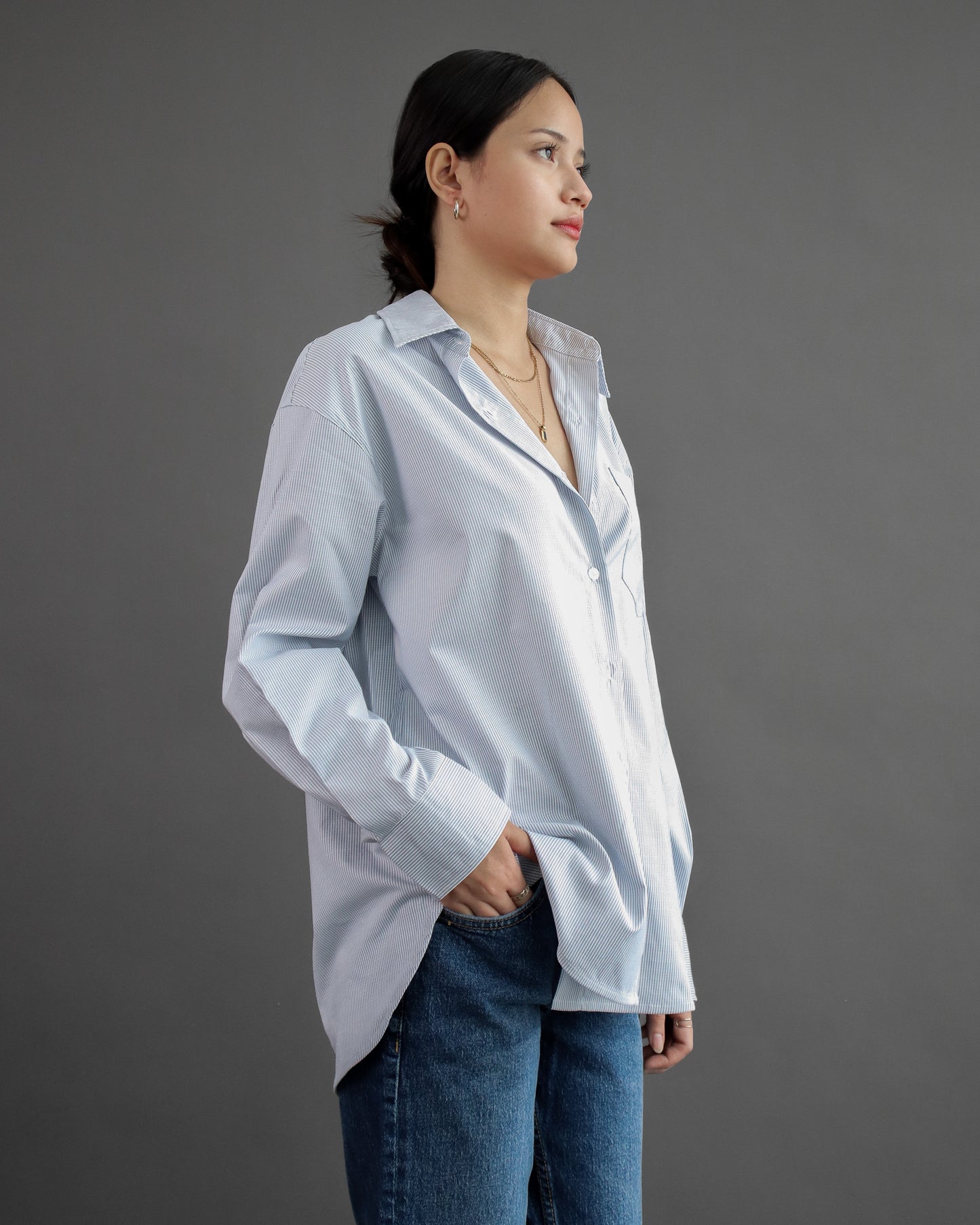 Tania Basic Oversized Shirt with Pocket - Striprd Blue