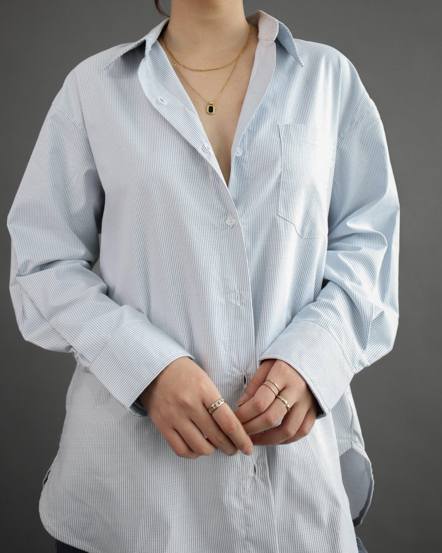 Tania Basic Oversized Shirt with Pocket - Striprd Blue