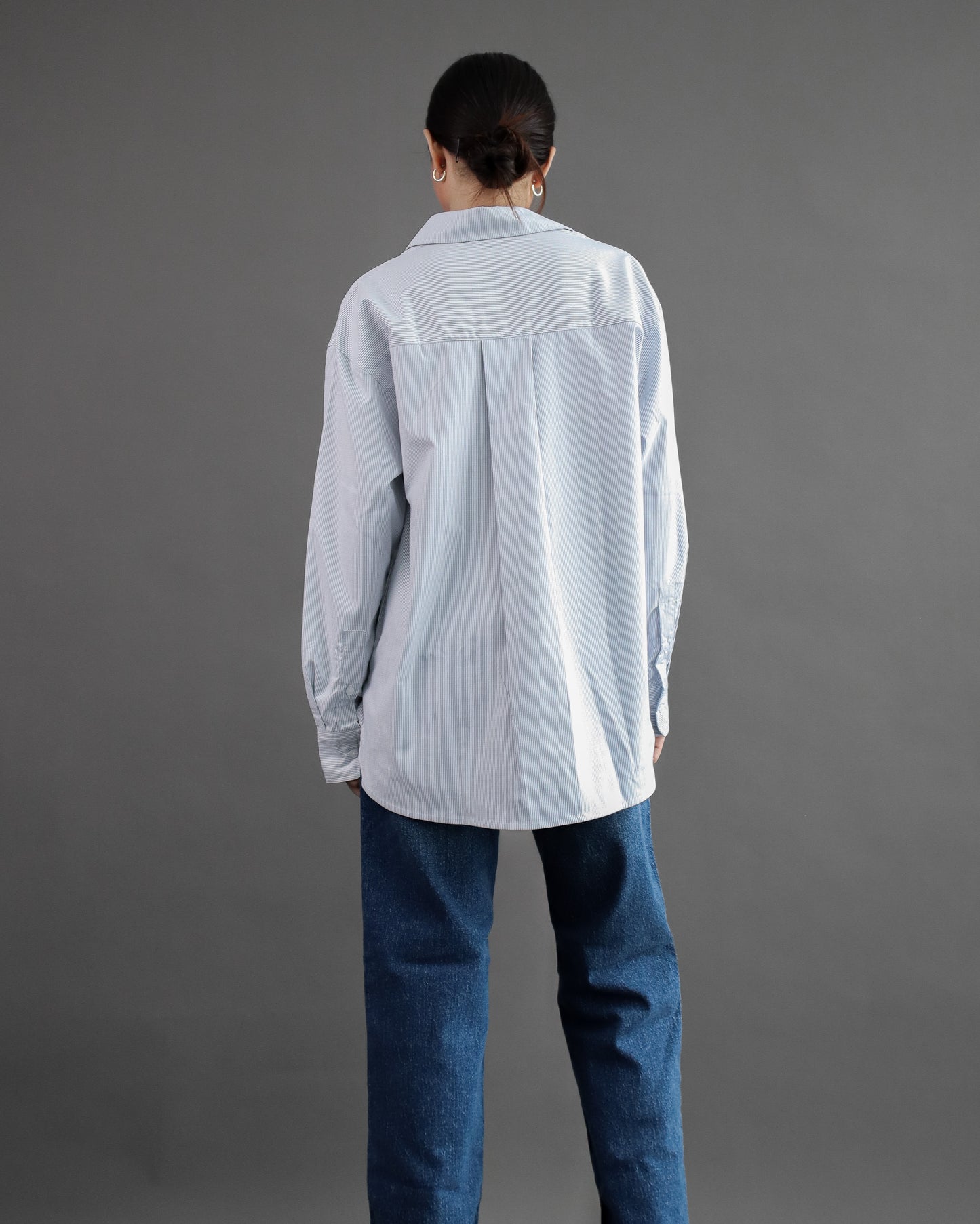 Tania Basic Oversized Shirt with Pocket - Striprd Blue