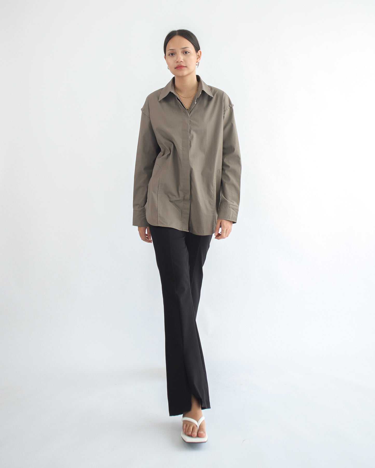 Stovia Crease Side Oversized Shirt - Dark Taupe