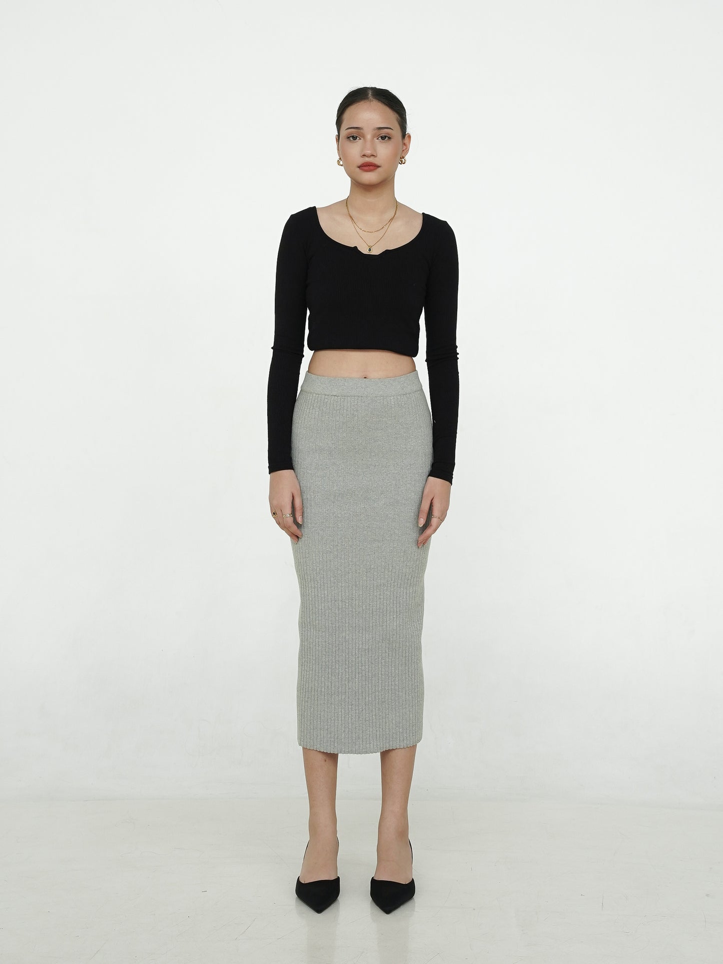 Sofia Ribbed Midi Skirt Grey