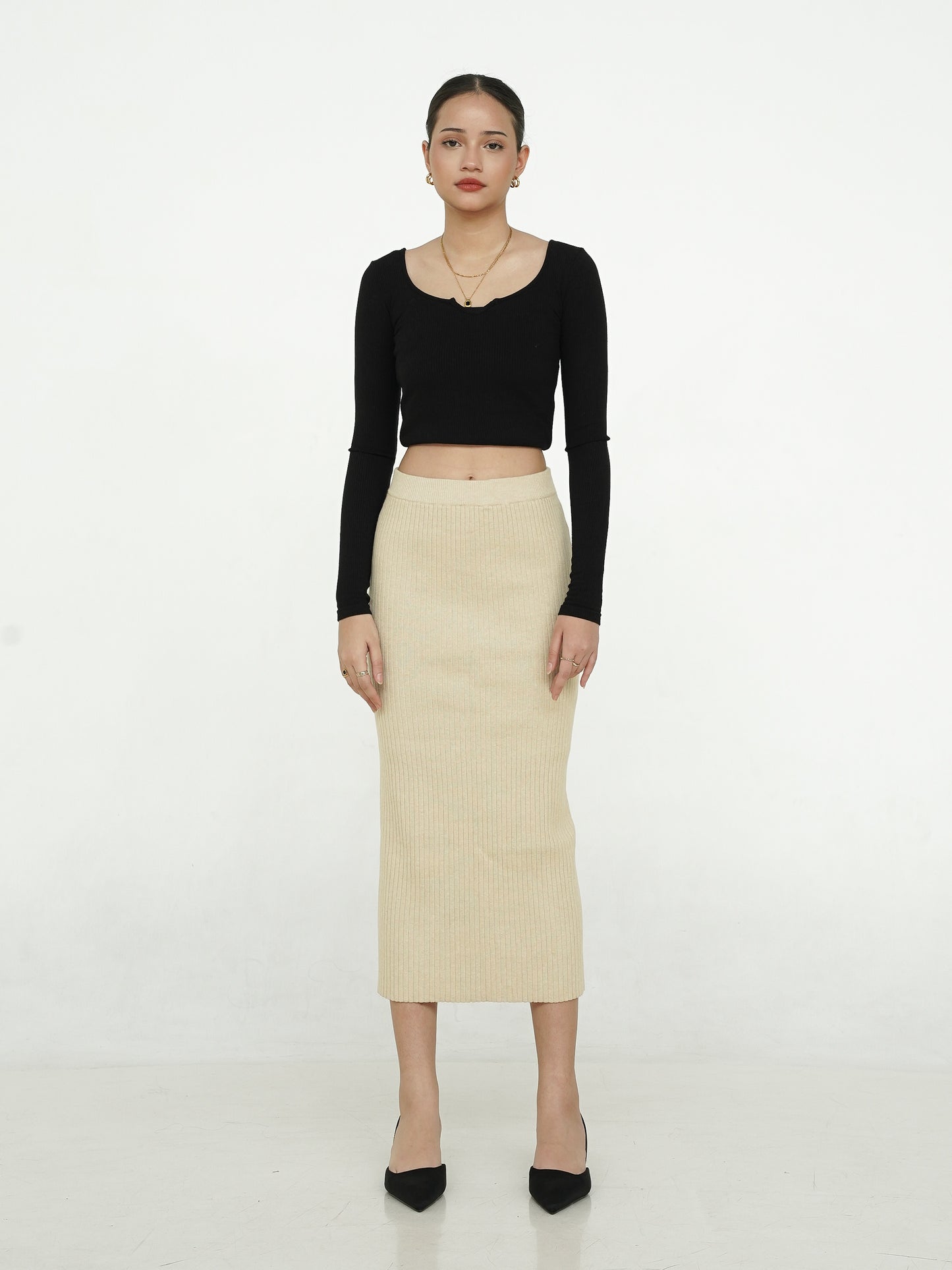 Sofia Ribbed Midi Skirt - Sand