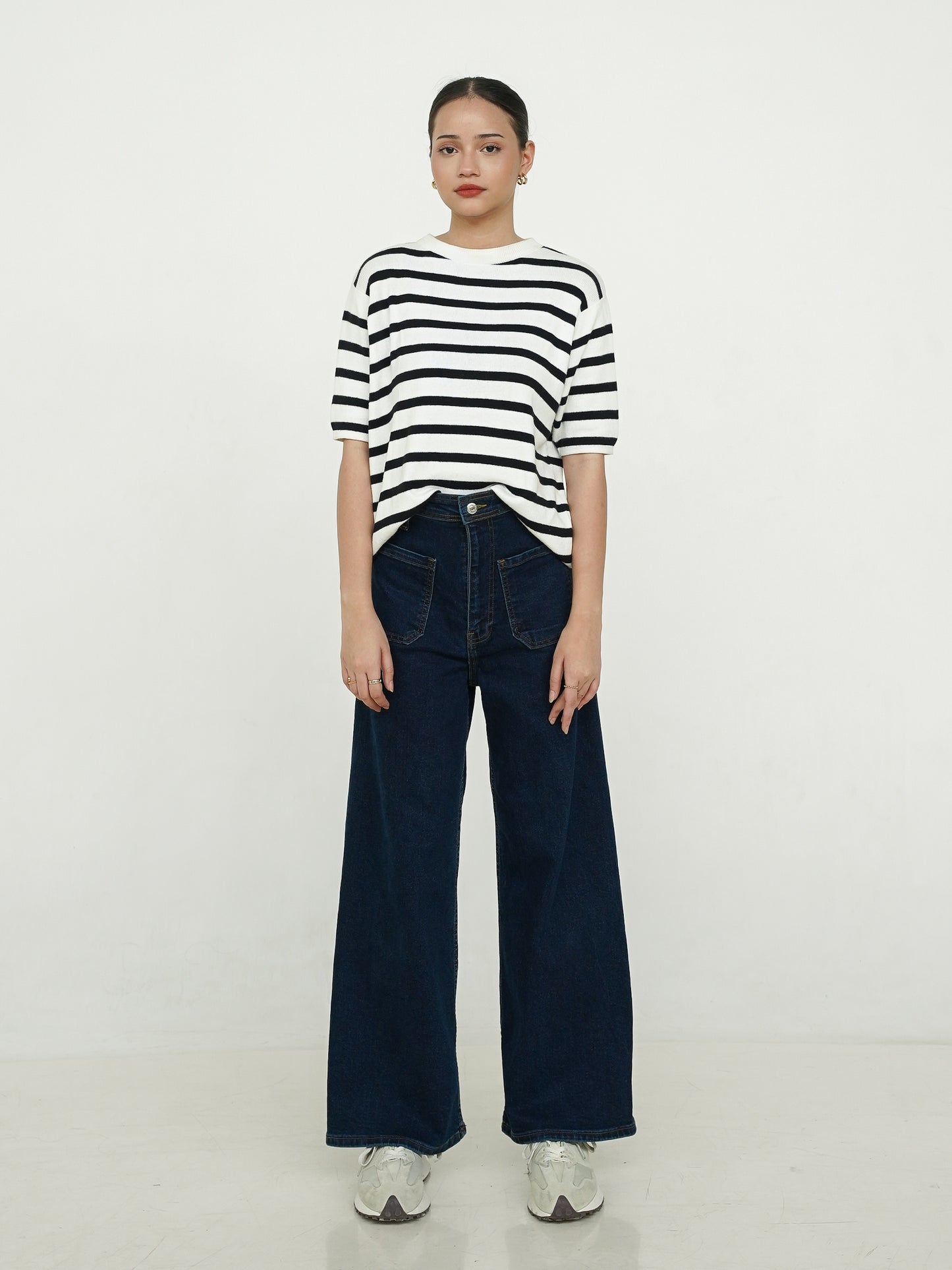 Mercia Striped Knit Top Short Sleeve - White