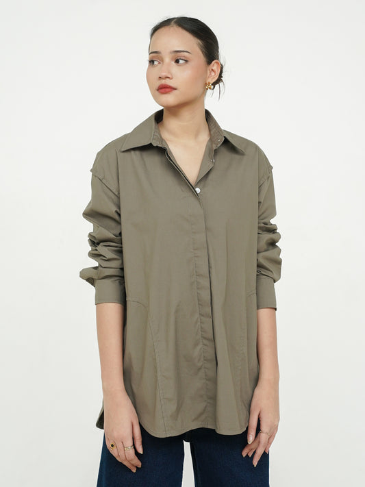 Stovia Crease Side Oversized Shirt - Dark Taupe