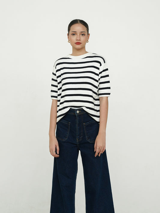 Mercia Striped Knit Top Short Sleeve - White