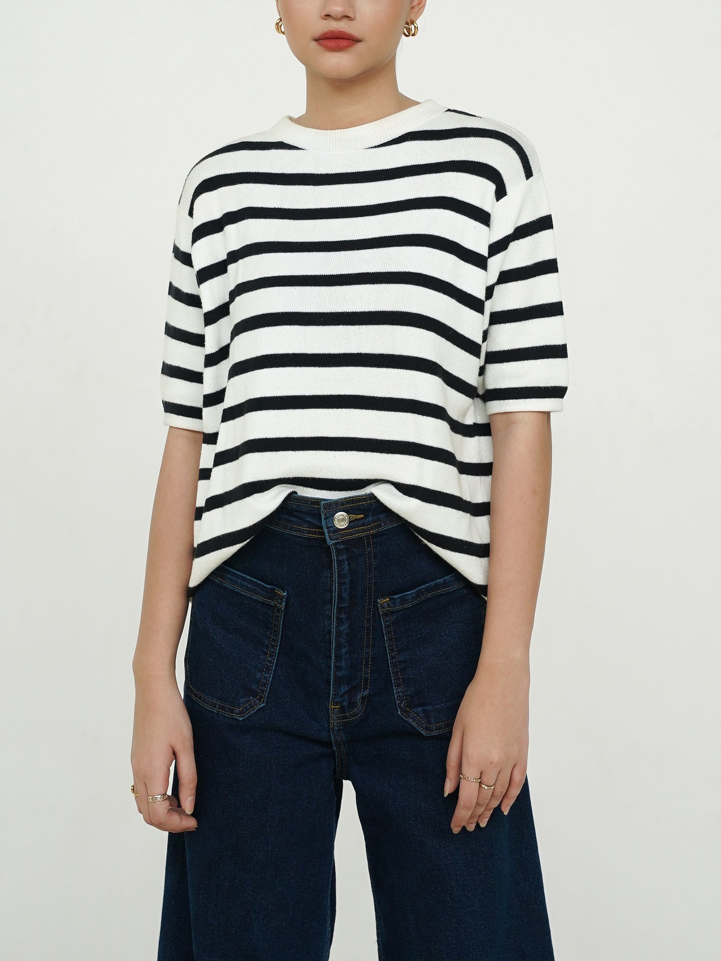 Mercia Striped Knit Top Short Sleeve - White