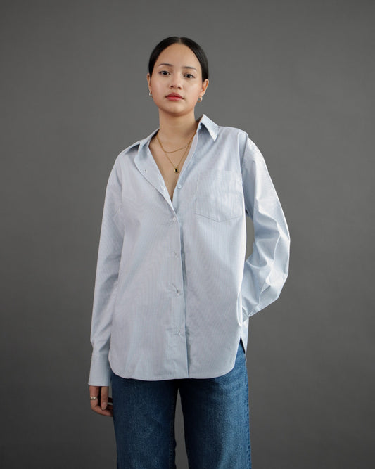 Tania Basic Oversized Shirt with Pocket - Striprd Blue