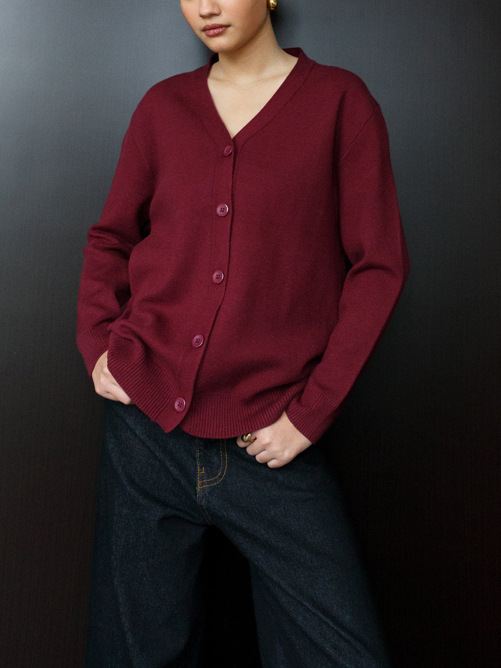 Kia Basic V-neck Cardigan - Red Wine