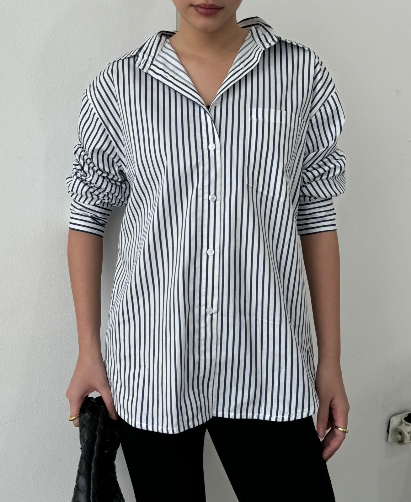 Tania Basic Oversized Shirt with Pocket - Striped Navy
