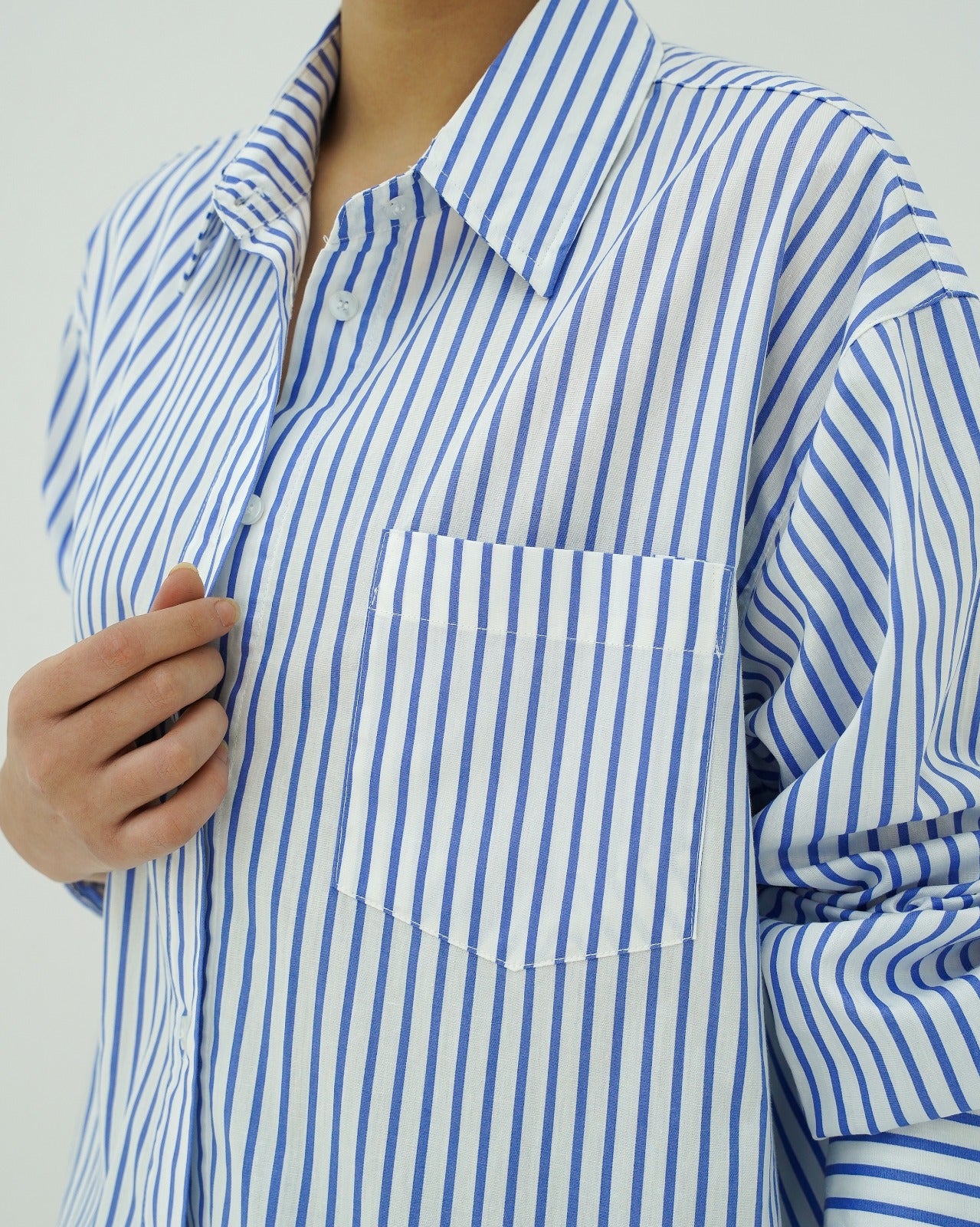 Tania Basic Oversized Shirt with Pocket - Striped Ocean Blue