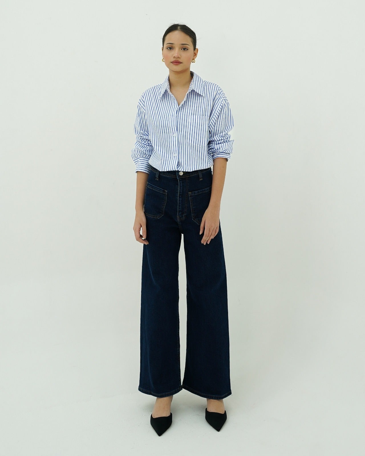 Tania Basic Oversized Shirt with Pocket - Striped Ocean Blue