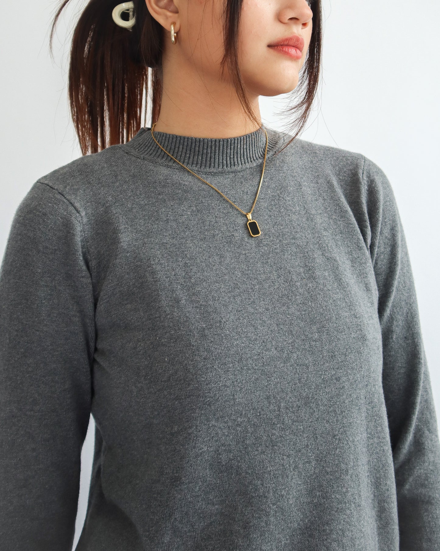 Valeria Mock Neck Knit Sweater - Dark Grey