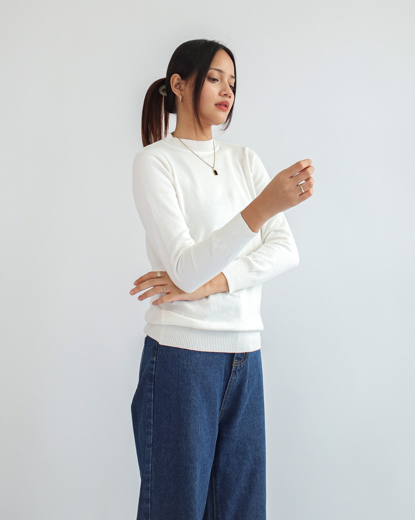 Valeria Mock Neck Knit Sweater - White
