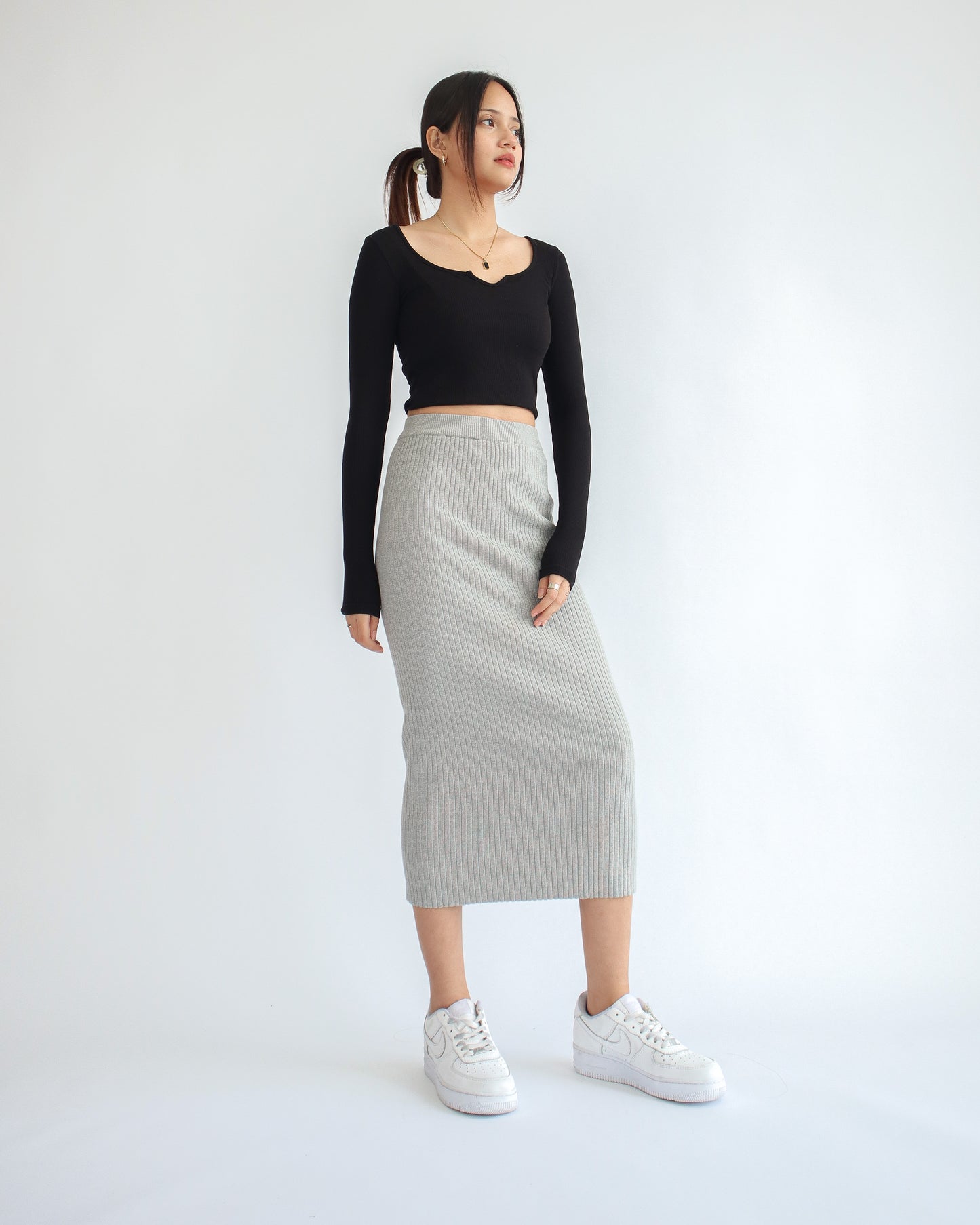 Sofia Ribbed Midi Skirt Grey