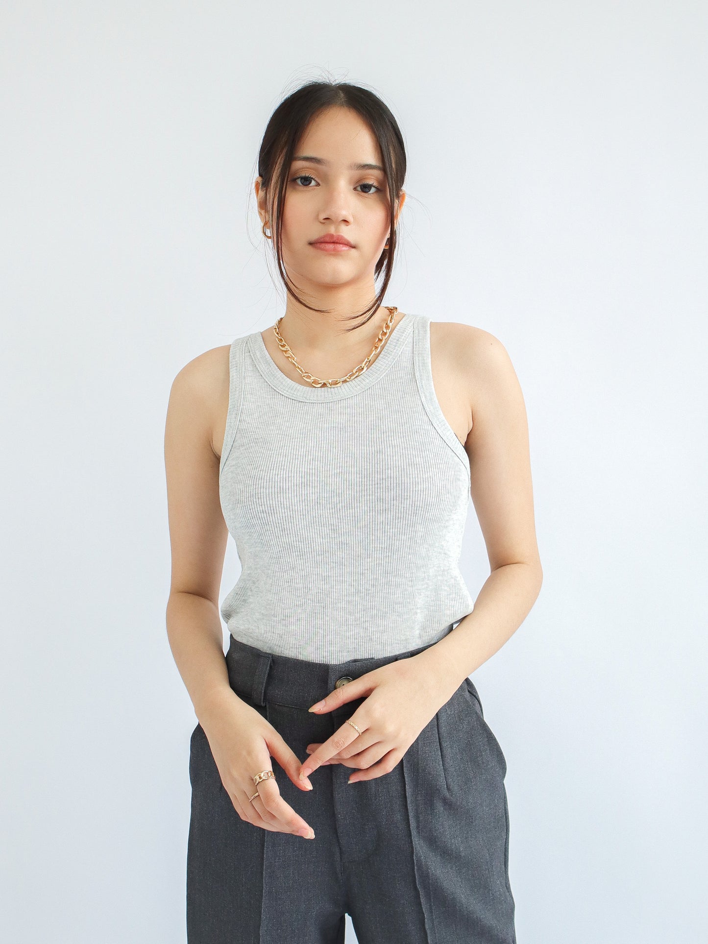 Olivia Ribbed Vest Tank Top - Light Grey