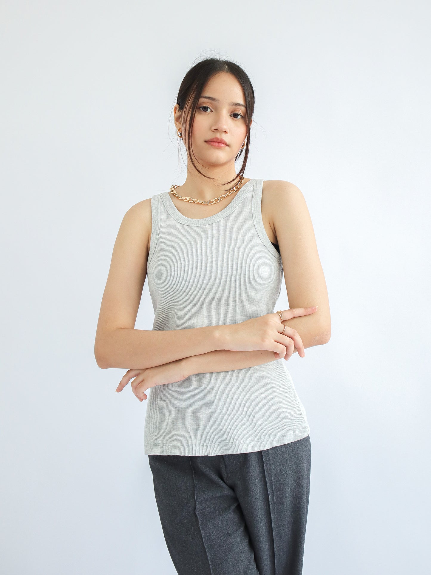Olivia Ribbed Vest Tank Top - Light Grey