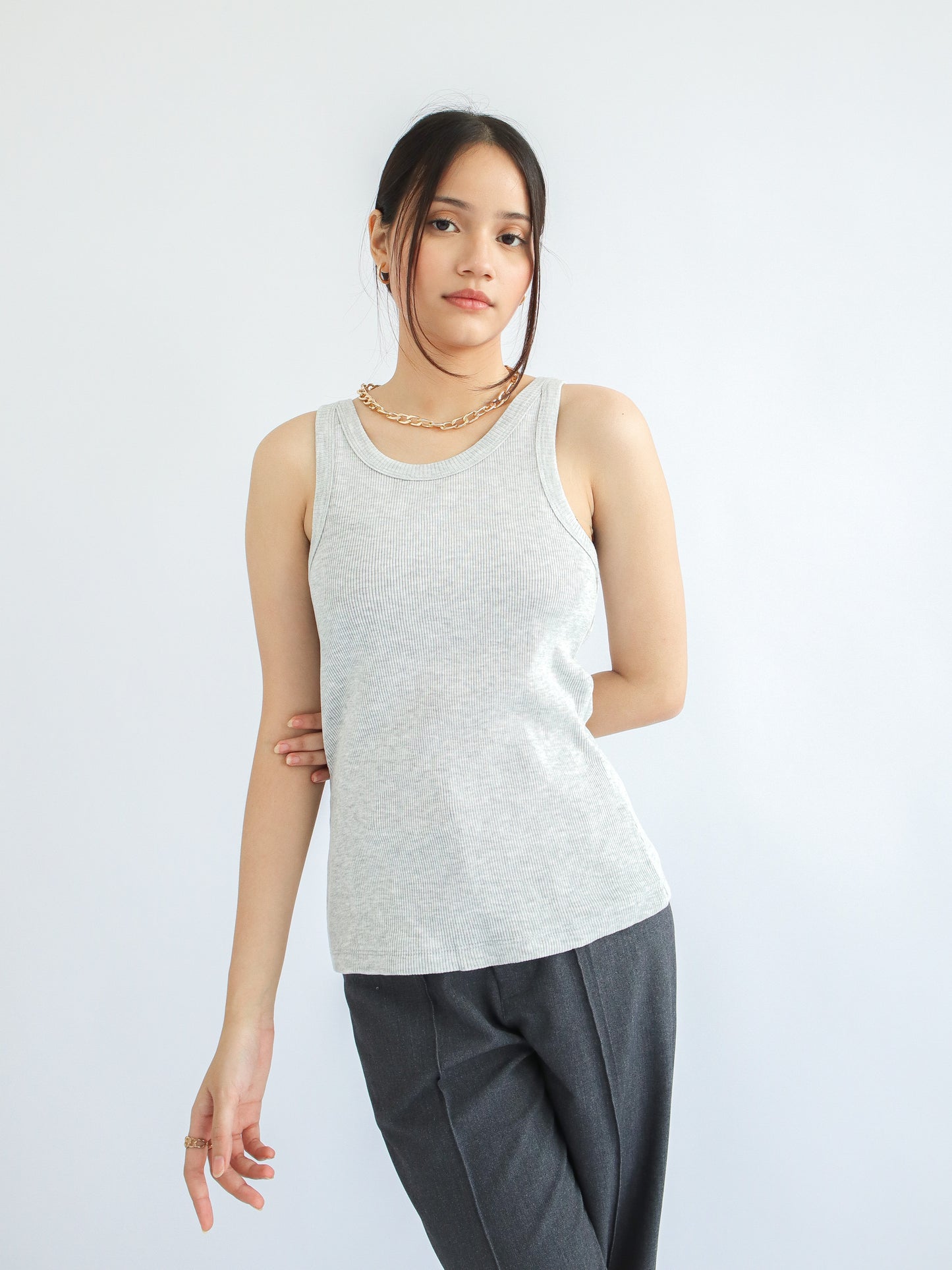 Olivia Ribbed Vest Tank Top - Light Grey