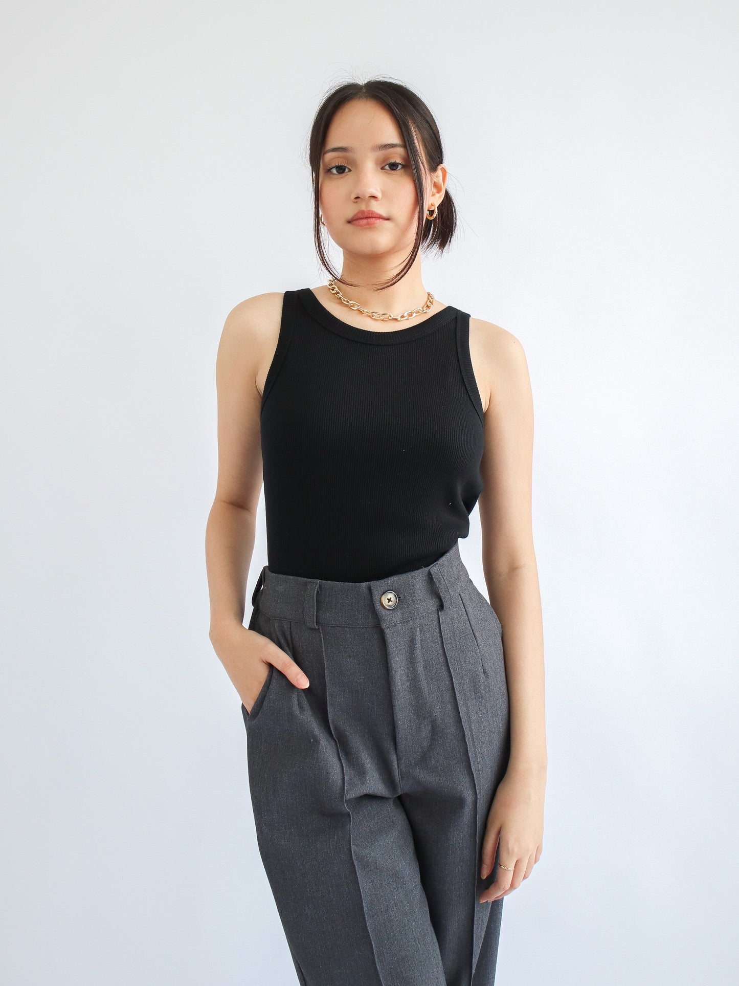 Olivia Ribbed Vest Tank Top - Black