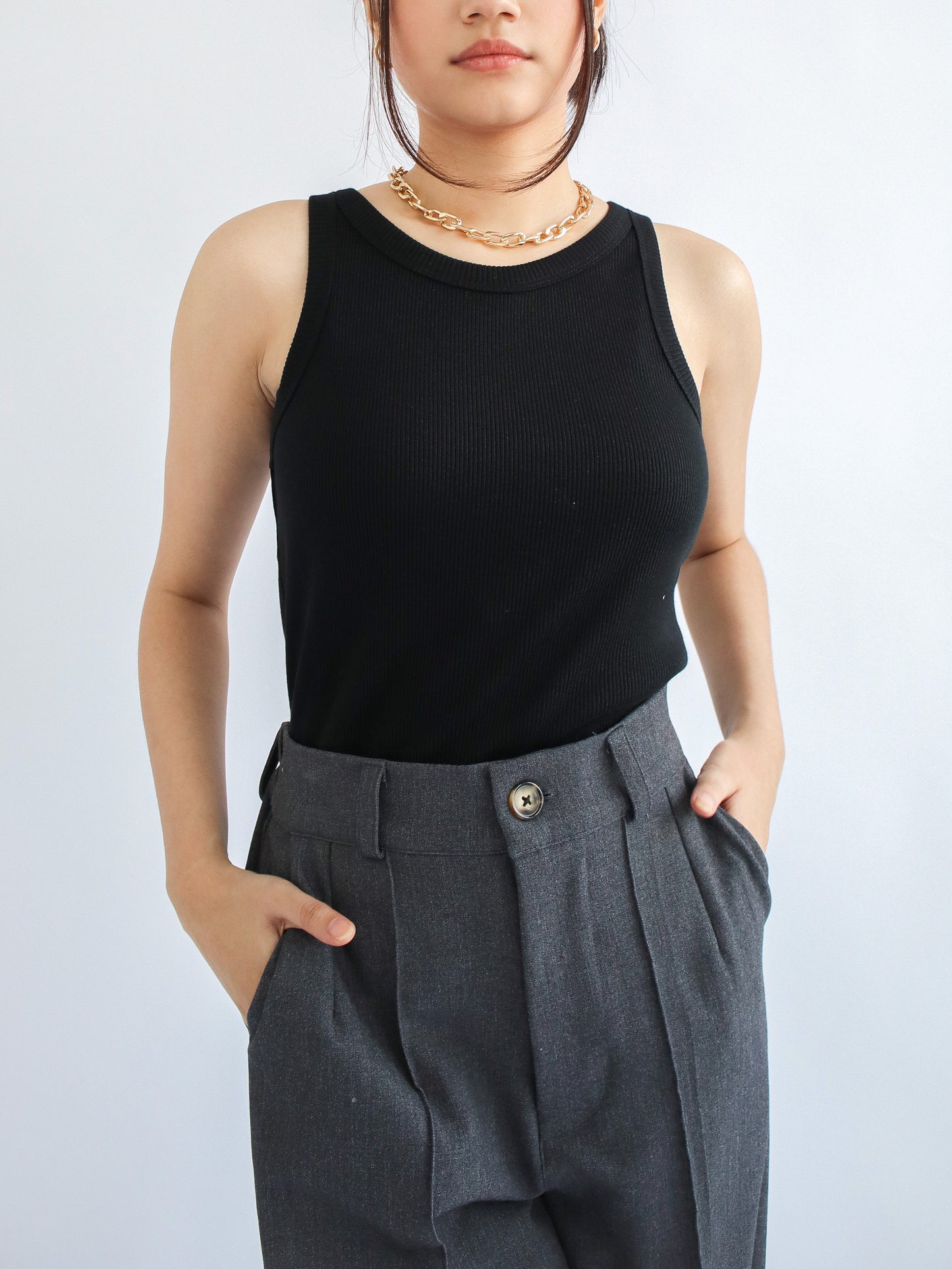 Olivia Ribbed Vest Tank Top - Black