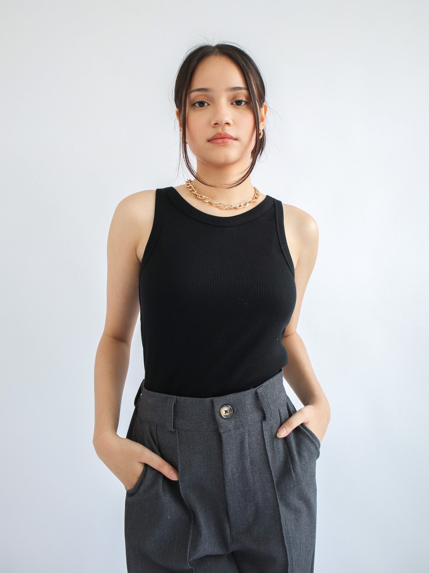 Olivia Ribbed Vest Tank Top - Black