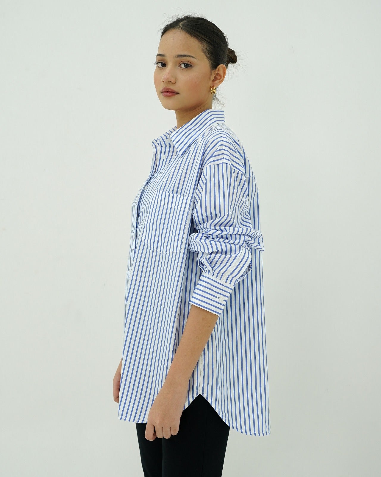 Tania Basic Oversized Shirt with Pocket - Striped Ocean Blue