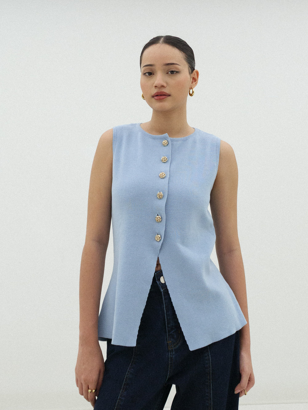 Anastasia Knit Waist Coat Top - Baby Blue