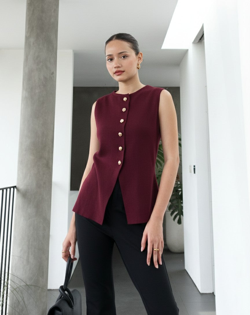 Anastasia Knit Waistcoat Top -  Burgundy