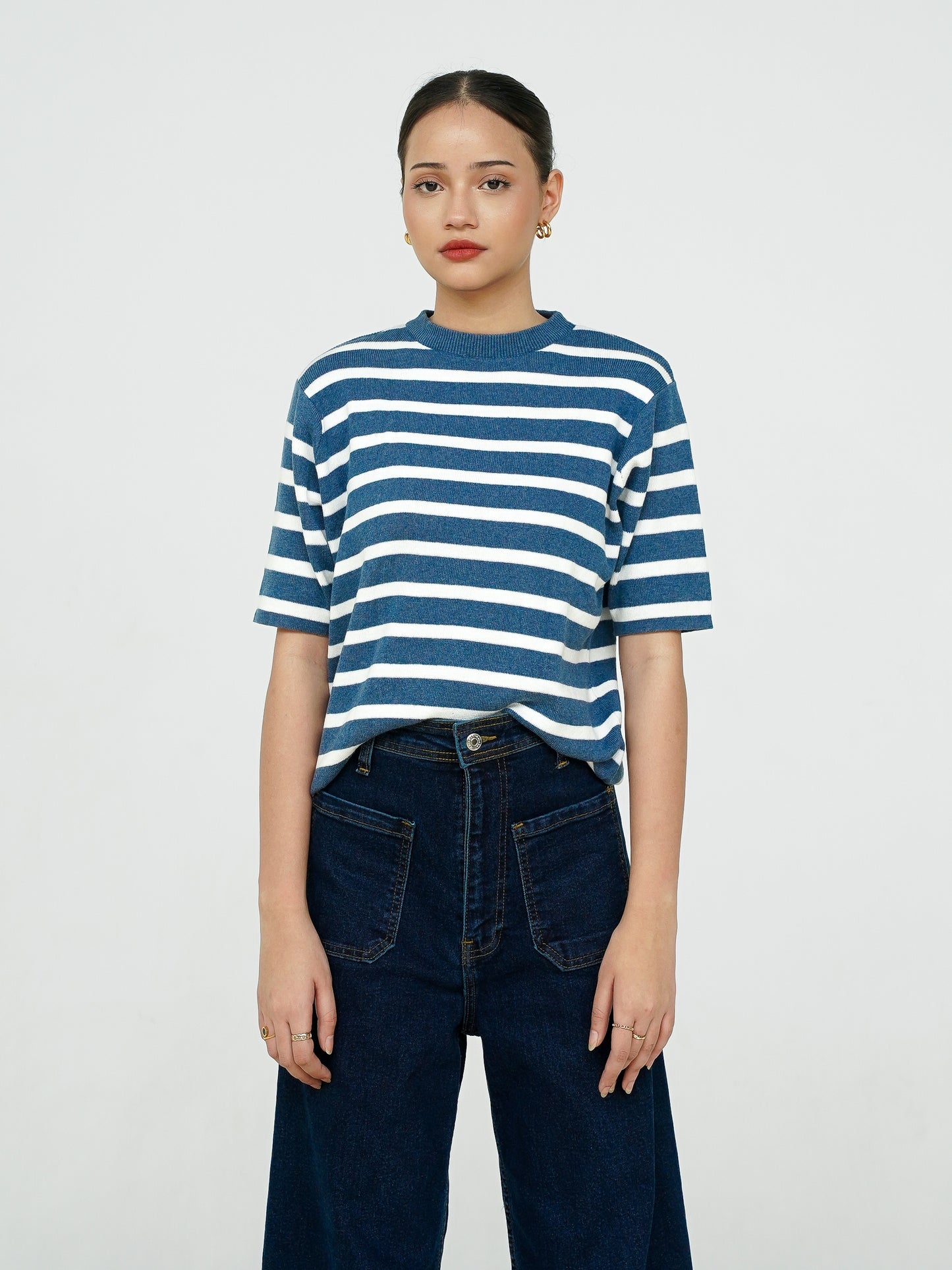 Mercia Striped Knit Top Short Sleeve Striped Dark Blue