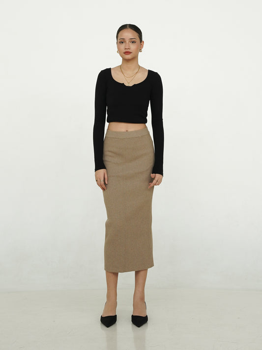 Sofia Ribbed Midi Skirt - Mocca