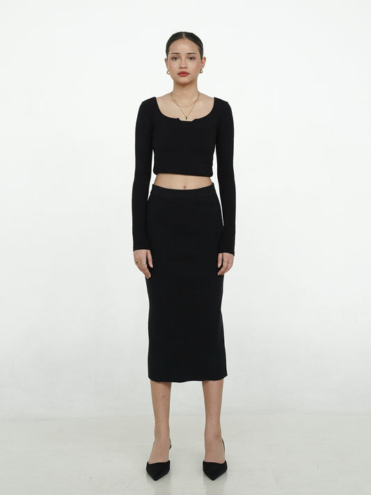 Sofia Ribbed Midi Skirt - Black