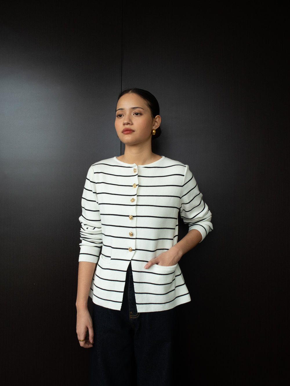 Mercia Long sleeve knit Cardigan - Striped White