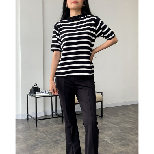 Mercia Striped Knit Top Short Sleeve -  Striped Black