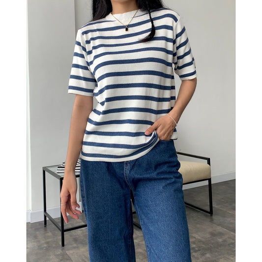 Mercia Striped Knit Top Short Sleeve - Striped Blue
