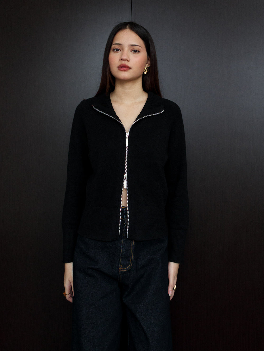 Millia Cropped Knit with Zipper - Black