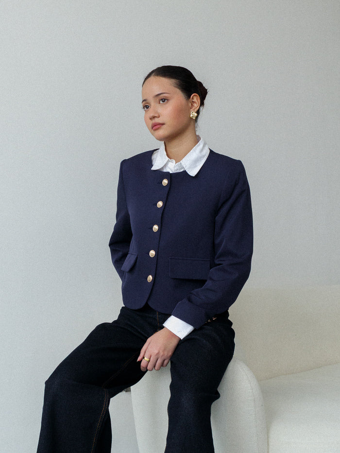 Valencia Collarless Jacket -  Navy