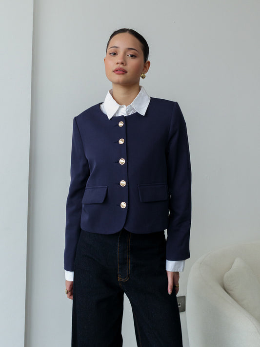 Valencia Collarless Jacket -  Navy