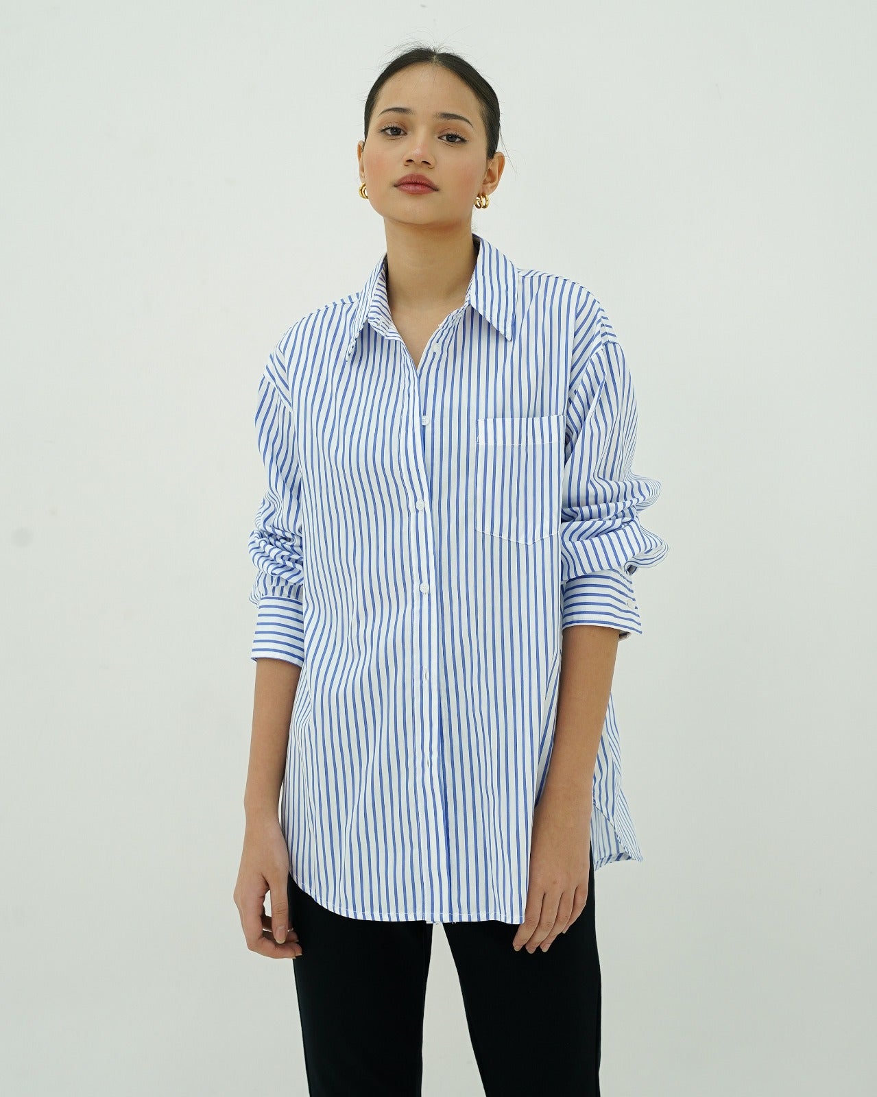 Tania Basic Oversized Shirt with Pocket Striped Khaki